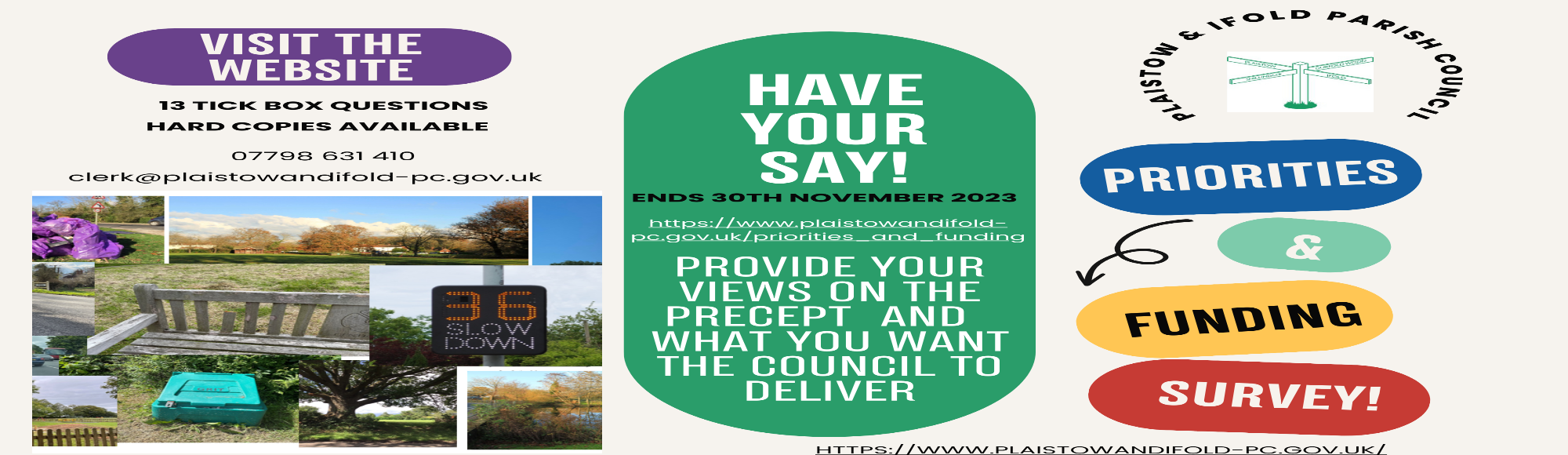 Poster advertising the Priorities And Funding Survey inviting people to complete the 13 tick box questionnaire which ends 30th November 2023